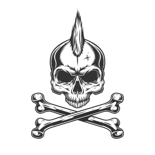 Vector illustration of Vintage monochrome skull with mohawk