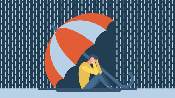 istock Man with anxiety touch head. Umbrella protects. Mental disorder and chaos in consciousness. A frustrated guy with a nervous problem feels anxiety and confusion of thoughts. Vector flat illustration 1395087888