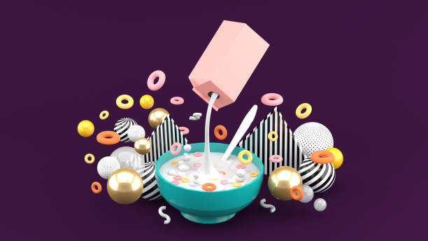 Cereal and milk are among the colorful balls on the purple background.-3d rendering. stock photo