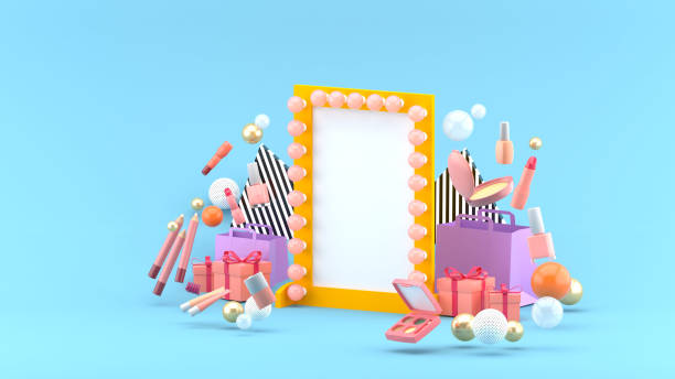 istock Makeup Mirror among Cosmetics and Gifts on blue background.-3d rendering. 1395088014