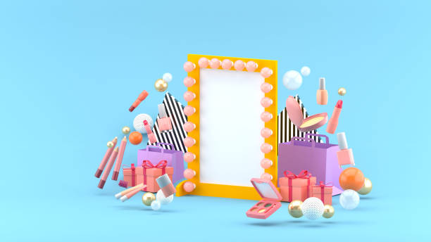 Makeup Mirror among Cosmetics and Gifts on blue background.-3d rendering. stock photo