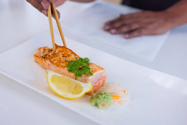 istock Grill Salmon serve with Wasabi and Lemon 1395088045