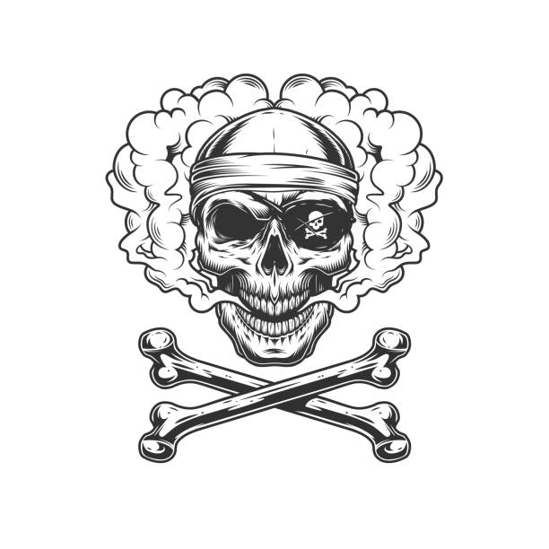 ヴィンテージモノクロ海賊の頭蓋骨 - pirate eye patch black skull and bones点のイラスト素材／クリップアート素材／マンガ素材／アイコン素材