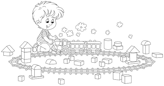Happy kid romping with a small railway locomotive, carriages and cubes of different shapes and colors in a playroom, black and white outline vector cartoon illustration for a coloring book