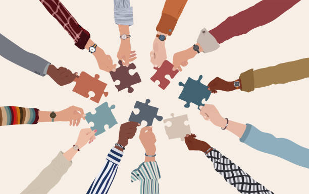 Group of multicultural business people with arms and hands in a circle holding a piece of jigsaw. Co-workers of diverse ethnic groups and cultures. Cooperate - collaborate. Teamwork vector art illustration