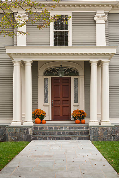 Wood Front Door and Entrance with Columns stock photo