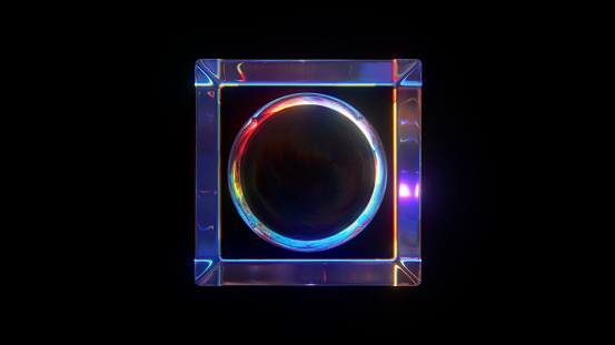 3d rendered abstract glass cube with another sphere inside. Detailed reflection and dispersion