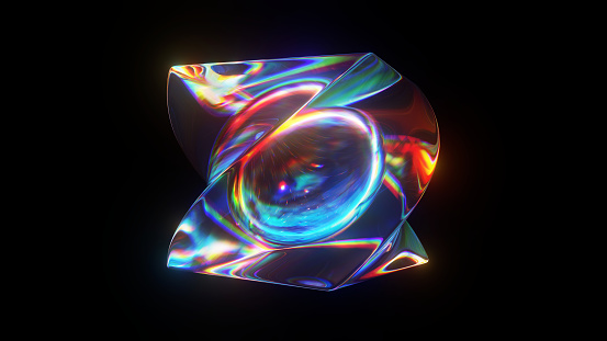 3d rendered twisted abstract glass cube with another sphere inside. Detailed reflection and dispersion