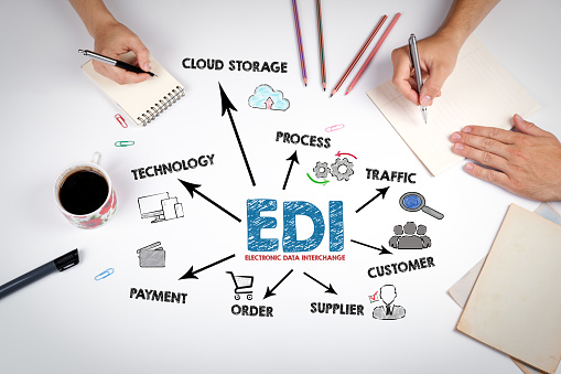 EDI Electronic Data Interchange Concept. The meeting at the white office table.