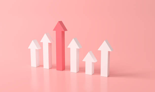 istock 3d rendering pink or red stair step to Arrow growth success. progress way and forward achievement. Abstract Arrows Set Isolated on pink-red Background. 3D Shapes Collection. minimal creative concept 1395095294