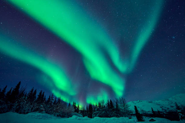 зеленое северное сияние, аляска, сша - sky winter sun snow стоковые фото и изображения