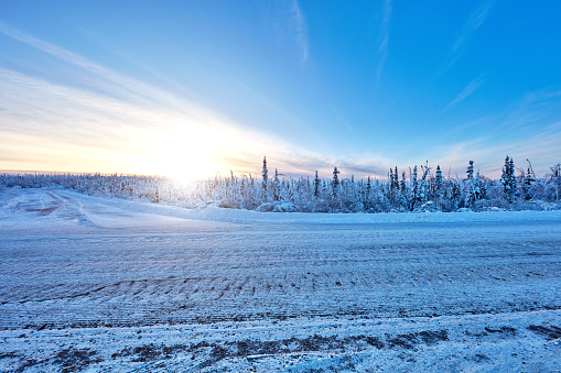 Winter highway at morning, Alaska, USA.