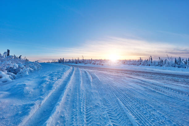 Winter highway at morning, Alaska, USA.