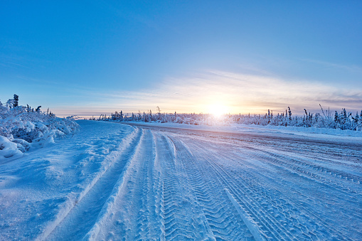 Winter highway at morning, Alaska, USA.