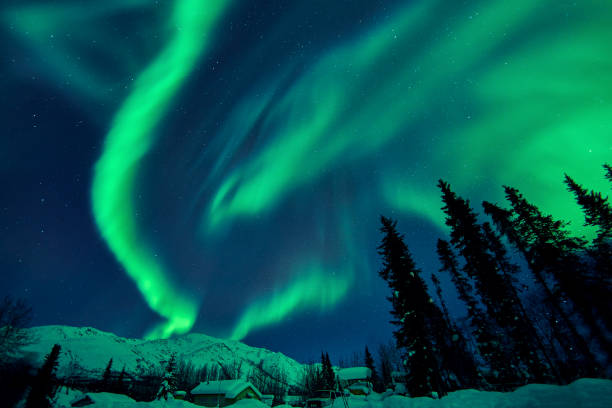Beautiful green aurora borealis at midnight sky, Alaska, USA.