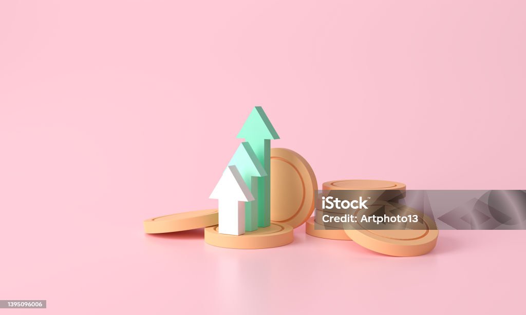 green up arrow and coin stacks on pink background. Financial success and growth concept. 3d rendering. Financial news. Trading stock news impulses. Market movements concept charts up. Growth economy Icon Stock Photo