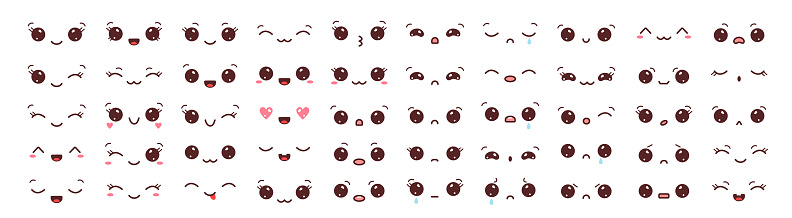 Collection of kawaii eyes and mouths with different emotions. Vector illustration isolated on white background