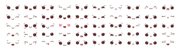 Big set of kawaii faces. Collection of kawaii eyes and mouths with different emotions. Vector illustration isolated on white background kawaii stock illustrations