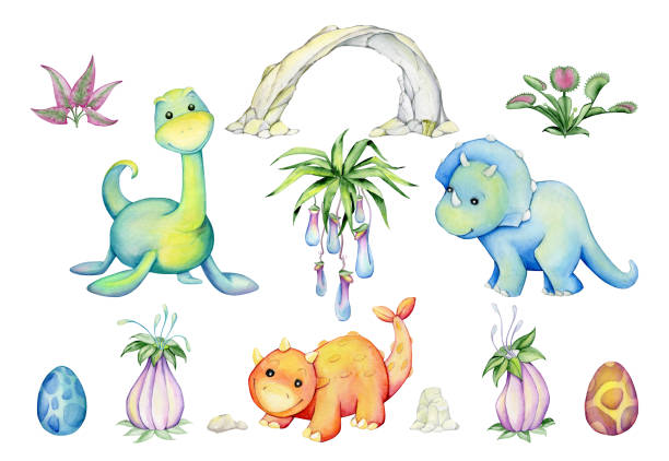 illustrazioni stock, clip art, cartoni animati e icone di tendenza di dinosauri, alberi, palme, nuvole, fiori. set ad acquerello, animali e piante preistoriche, in stile cartone animato, su sfondo isolato. - monster set pattern green