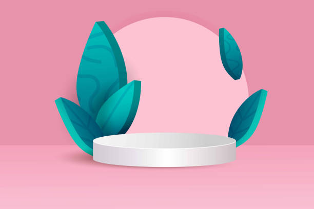 istock 3D Podium. White pedestal in pink room, showcase for products presentation and advertising. Empty round platform on pastel background with leaves, minimal modern eco design. Vector natural backdrop 1395097796