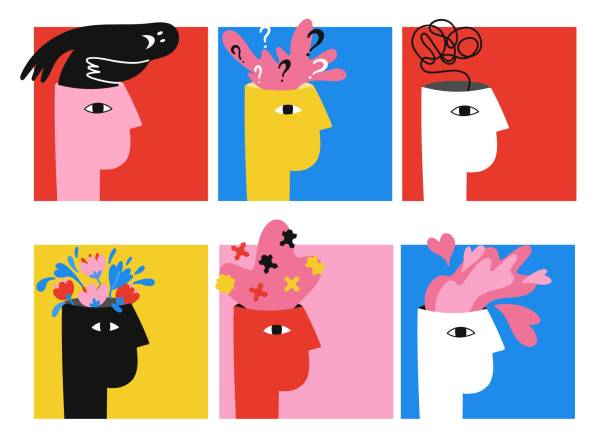 istock Mental health. Psychology and self care. Positive and negative thinking. Abstract human head. Posters and cards set. Imagination and inspiration. Vector cartoon flat isolated illustration 1395097823