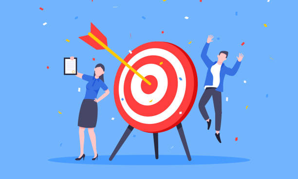 목표 달성 비즈니스 개념 스포츠 대상 아이콘과 황소 눈의 화살표. - target bulls eye women marketing stock illustrations