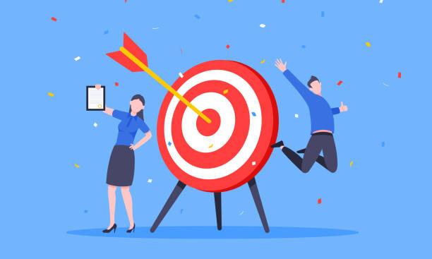 목표 달성 비즈니스 개념 스포츠 대상 아이콘과 황소 눈의 화살표. - target bulls eye women marketing stock illustrations