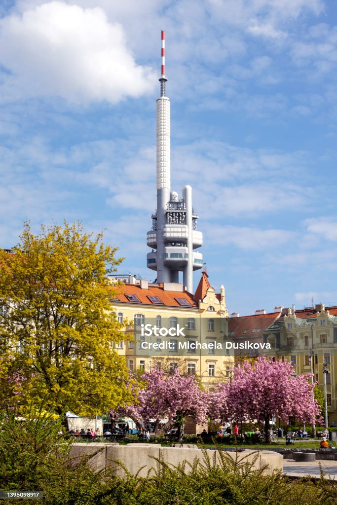 Zizkov television tower -  Jiri z Podebrad square, Vinohrady district, Prague, Czech republic Prague Stock Photo