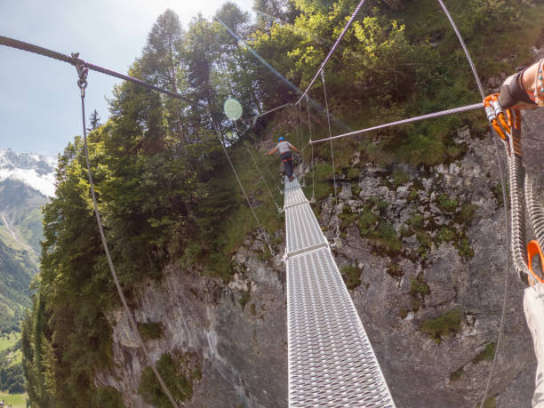 istock Two people on Via Ferrata climbing up, summer activities concept 1395100170