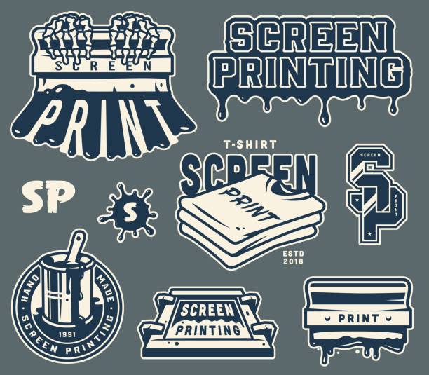 Screen printing elements collection Vintage light screen printing elements set with squeegee shirts silkscreen brush in bucket label letterings isolated vector illustration screen printing stock illustrations