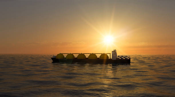 Floating regasification facility, regasification facility stationary in the sea. Sunset. stock photo