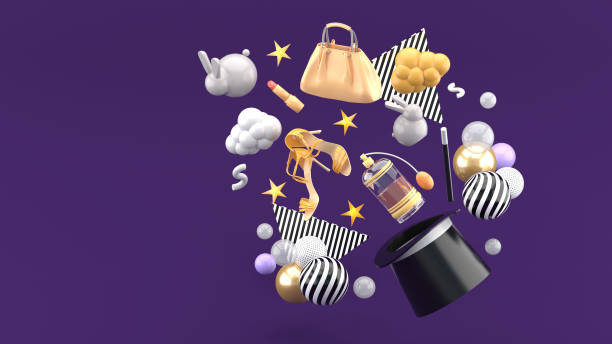 Handbags, lipstick, high heels and perfume flying into a magic hat among the colorful balls and rabbits on the purple background.-3d rendering. stock photo