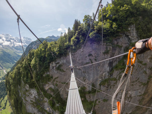 istock Two people on Via Ferrata climbing up, summer activities concept 1395100473