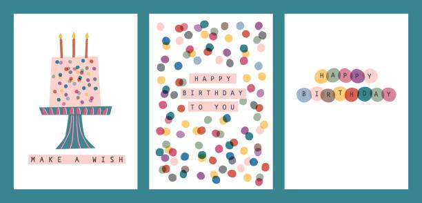 illustrations, cliparts, dessins animés et icônes de ensemble de cartes de vœux d’anniversaire. illustration vectorielle dessinée à la main. - anniversaire