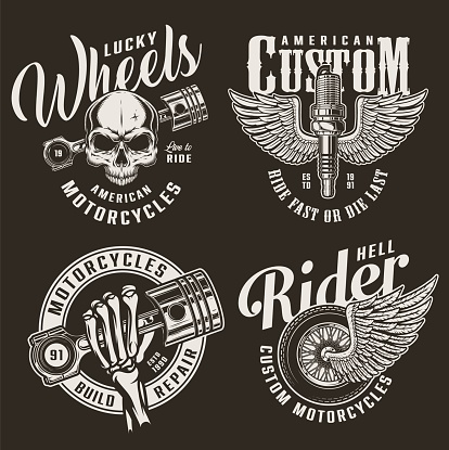 Monochrome custom motorcycle with skull engine pistons winged motorbike wheel and spark plug in vintage style isolated vector illustration