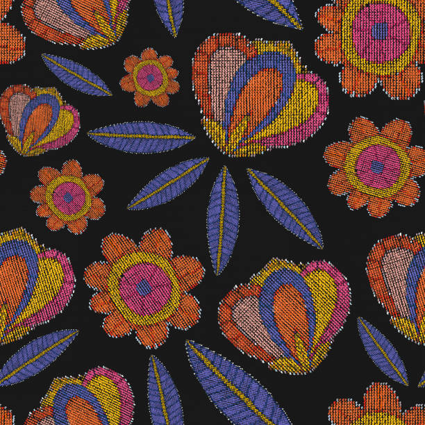 istock seamless pattern - embroidered craft flowers.Knitted hobby floral ornament.Vintage pattern for fabric with flowers, leaves, tulips.Digital embroidery.Cottage core vintage textile.Ethnic elegant folk 1395104638