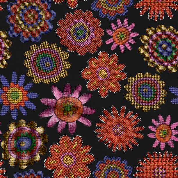 istock seamless pattern - embroidered craft flowers.Knitted hobby floral ornament.Vintage pattern for fabric with flowers, leaves, tulips.Digital embroidery.Cottage core vintage textile.Ethnic elegant folk 1395104639