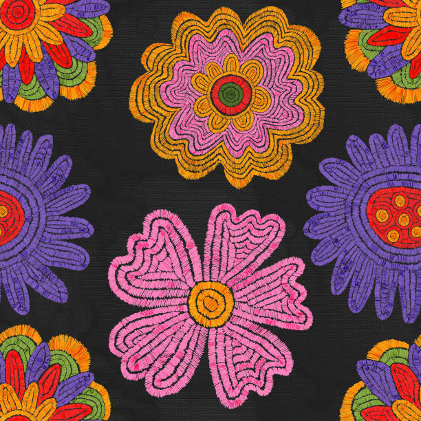 istock seamless pattern - embroidered craft flowers.Knitted hobby floral ornament.Vintage pattern for fabric with flowers, leaves, tulips.Digital embroidery.Cottage core vintage textile.Ethnic elegant folk 1395105213
