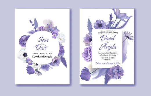istock Purple floral wedding invitation card, Save the date card, vector 1395108345