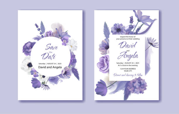 Purple floral wedding invitation card, Save the date card, vector Purple floral wedding invitation card, Save the date card, vector violet flower stock illustrations