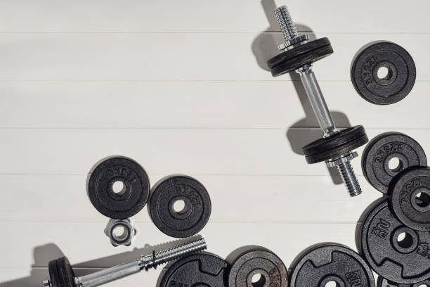 koncept fitness nebo cvičení doma, pohled shora s pozadím kopírovacího prostoru - tělocvična rekreační zařízení fotky - stock snímky, obrázky a fotky