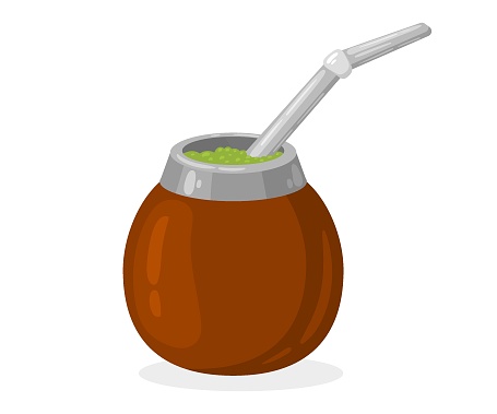 Mate tea in a calabash with a metal straw. Calabash - a traditional vessel for the preparation and drinking of mate, a tonic drink of the peoples of South America. Vector illustration
