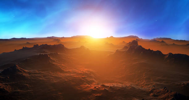 istock Fantastic space landscape view from surface of planet. Martian surface of planet, fantasy sharp rocks and mountains. Magical starry sky, stars of the planet and galaxies in sky 1395108941
