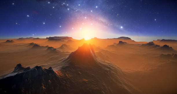 istock Fantastic space landscape view from surface of planet. Martian surface of planet, fantasy sharp rocks and mountains. Magical starry sky, stars of the planet and galaxies in sky 1395108949
