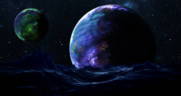 istock Fantastic space landscape view from surface of planet. Martian surface of planet, fantasy sharp rocks and mountains. Magical starry sky, stars of the planet and galaxies in sky 1395108953