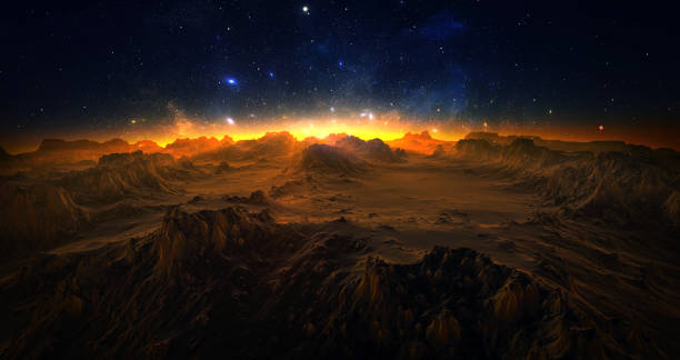 istock Fantastic space landscape view from surface of planet. Martian surface of planet, fantasy sharp rocks and mountains. Magical starry sky, stars of the planet and galaxies in sky 1395108959