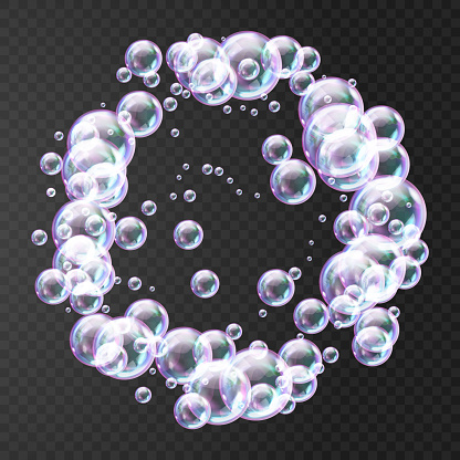 Realistic soap bubbles with rainbow reflection. Colorful аalling soap bubbles. Realistic soap bubble with glare. Foam bubbles vector illustration. Festive iridescent foam bubbles with reflection.