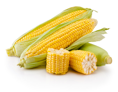 Corn on cobs kernels and broken isolated on a white background