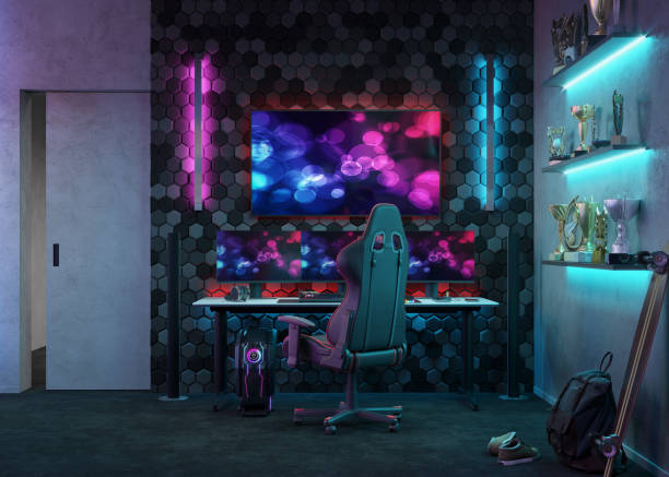 illustrazione 3d dell'area di lavoro del giocatore al neon scuro - videogiocatore foto e immagini stock