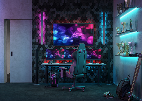 Dark neon gamer workspace 3d illustration. Digital game room with computer monitor and gamer chair.